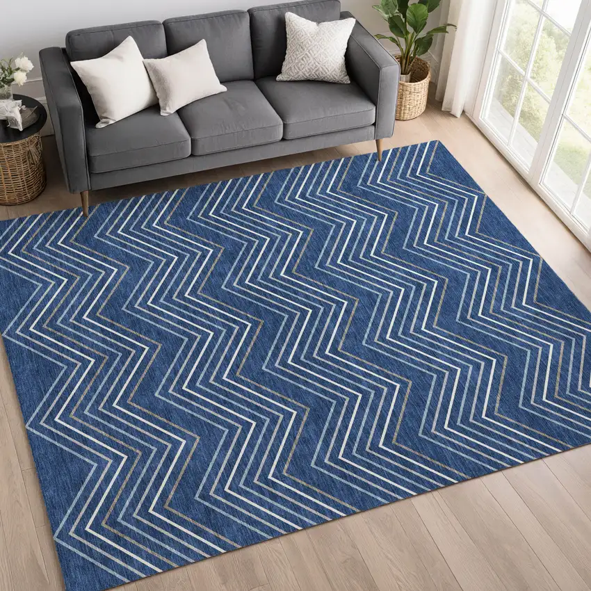 Navy Blue Ivory And Gray Geometric Washable Indoor Outdoor Area Rug Photo 5
