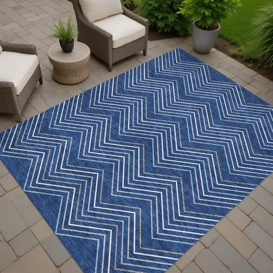 Navy Blue Ivory And Gray Geometric Washable Indoor Outdoor Area Rug Photo 7