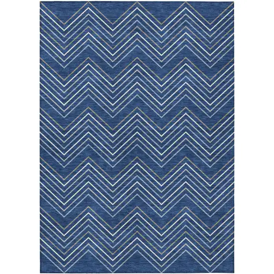 Navy Blue Ivory And Gray Geometric Washable Indoor Outdoor Area Rug Photo 9