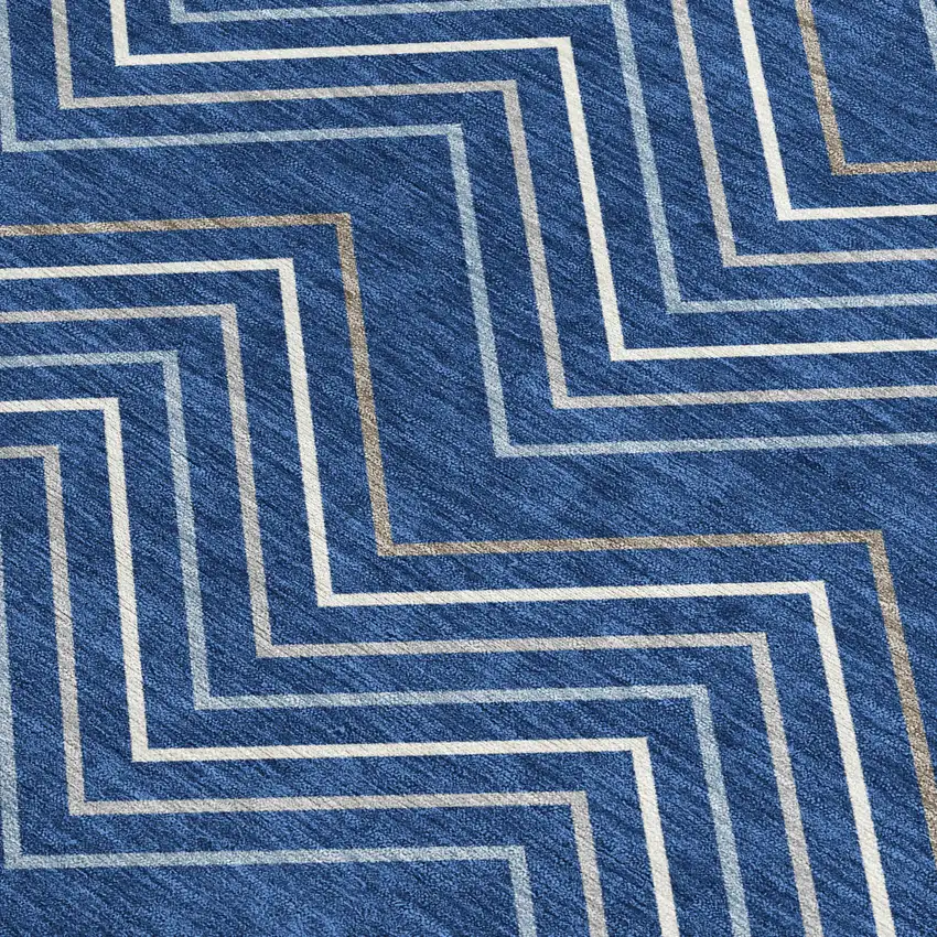 Navy Blue Ivory And Gray Geometric Washable Indoor Outdoor Area Rug Photo 3