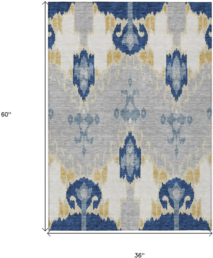 Navy Blue Ivory And Gray Ikat Washable Indoor Outdoor Area Rug Photo 8