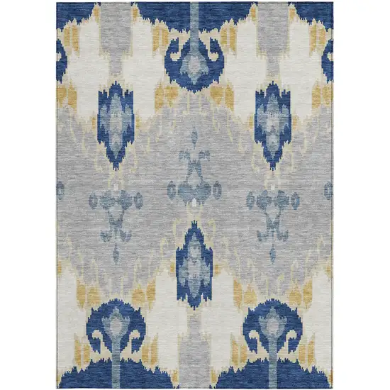 Navy Blue Ivory And Gray Ikat Washable Indoor Outdoor Area Rug Photo 6