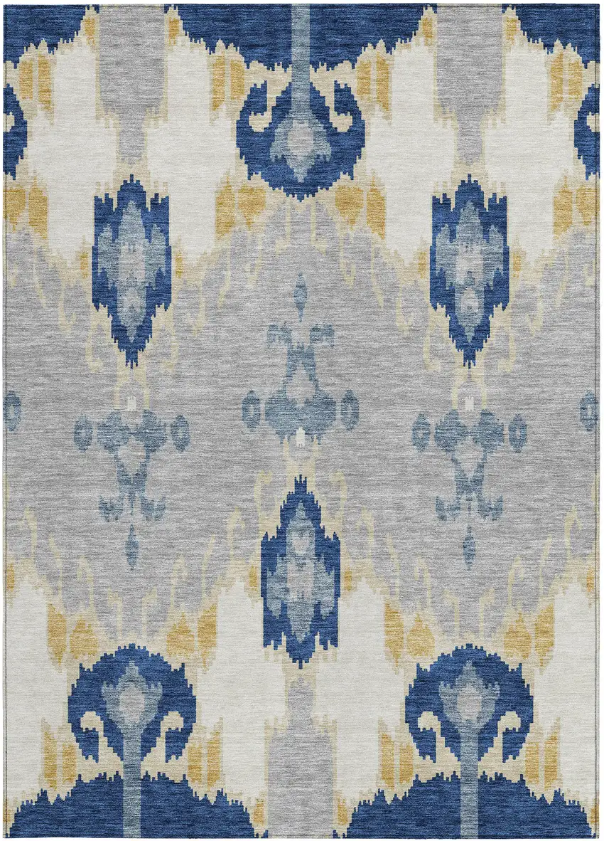 Navy Blue Ivory And Gray Ikat Washable Indoor Outdoor Area Rug Photo 6