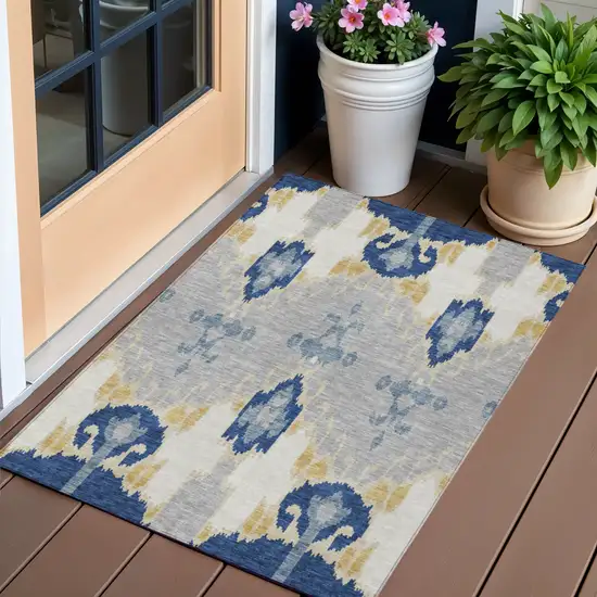 Navy Blue Ivory And Gray Ikat Washable Indoor Outdoor Area Rug Photo 1