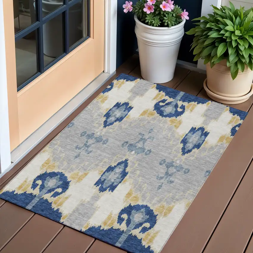 Navy Blue Ivory And Gray Ikat Washable Indoor Outdoor Area Rug Photo 1