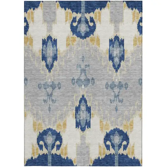 Navy Blue Ivory And Gray Ikat Washable Indoor Outdoor Area Rug Photo 6