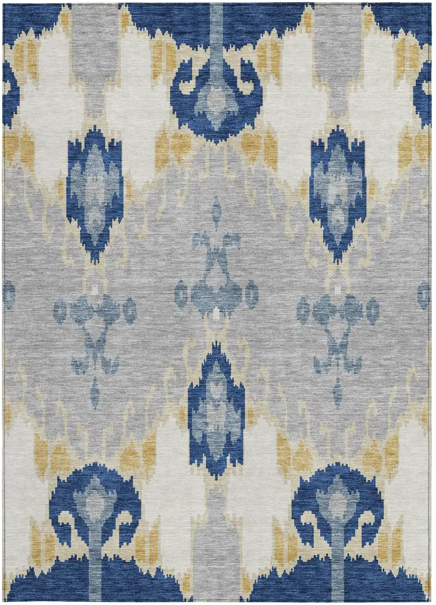 Navy Blue Ivory And Gray Ikat Washable Indoor Outdoor Area Rug Photo 6