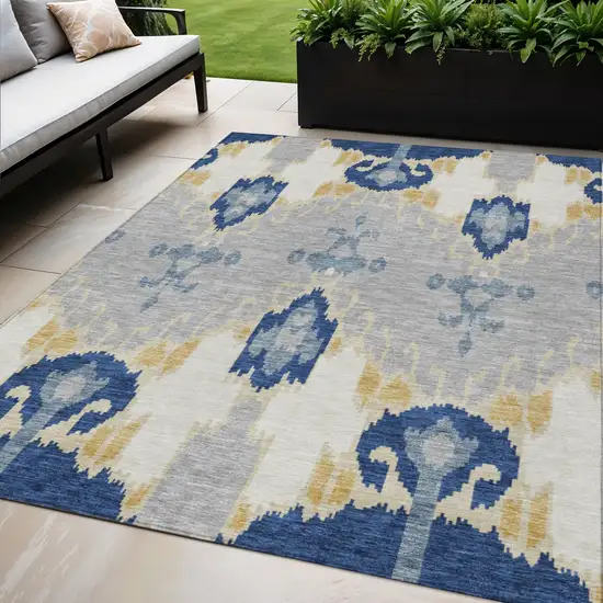 Navy Blue Ivory And Gray Ikat Washable Indoor Outdoor Area Rug Photo 1