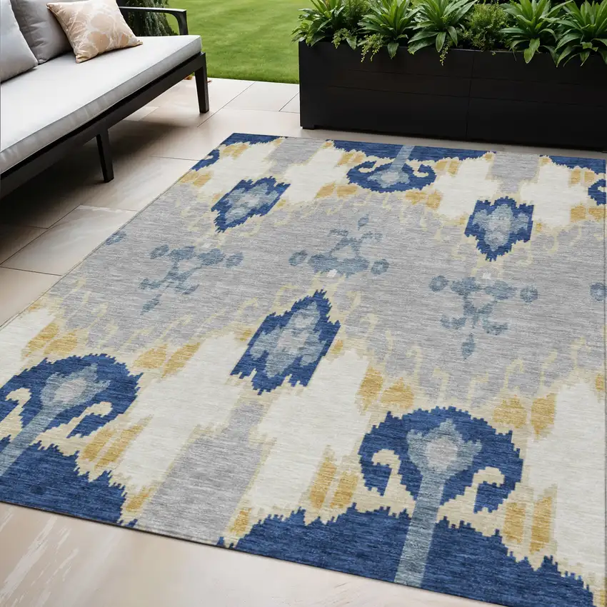 Navy Blue Ivory And Gray Ikat Washable Indoor Outdoor Area Rug Photo 1