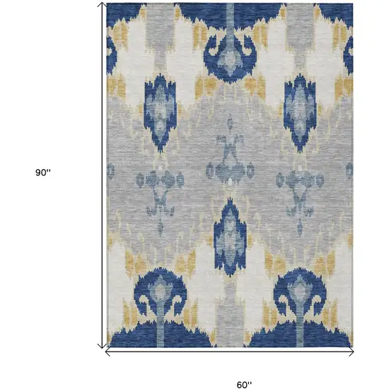 Navy Blue Ivory And Gray Ikat Washable Indoor Outdoor Area Rug Photo 3