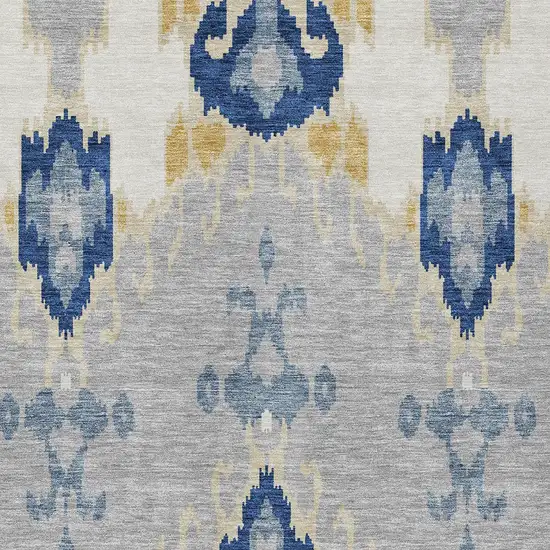 Navy Blue Ivory And Gray Ikat Washable Indoor Outdoor Area Rug Photo 5