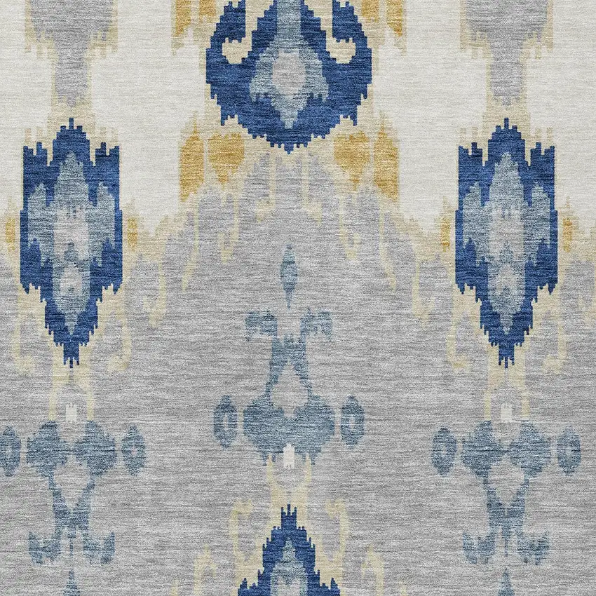 Navy Blue Ivory And Gray Ikat Washable Indoor Outdoor Area Rug Photo 5