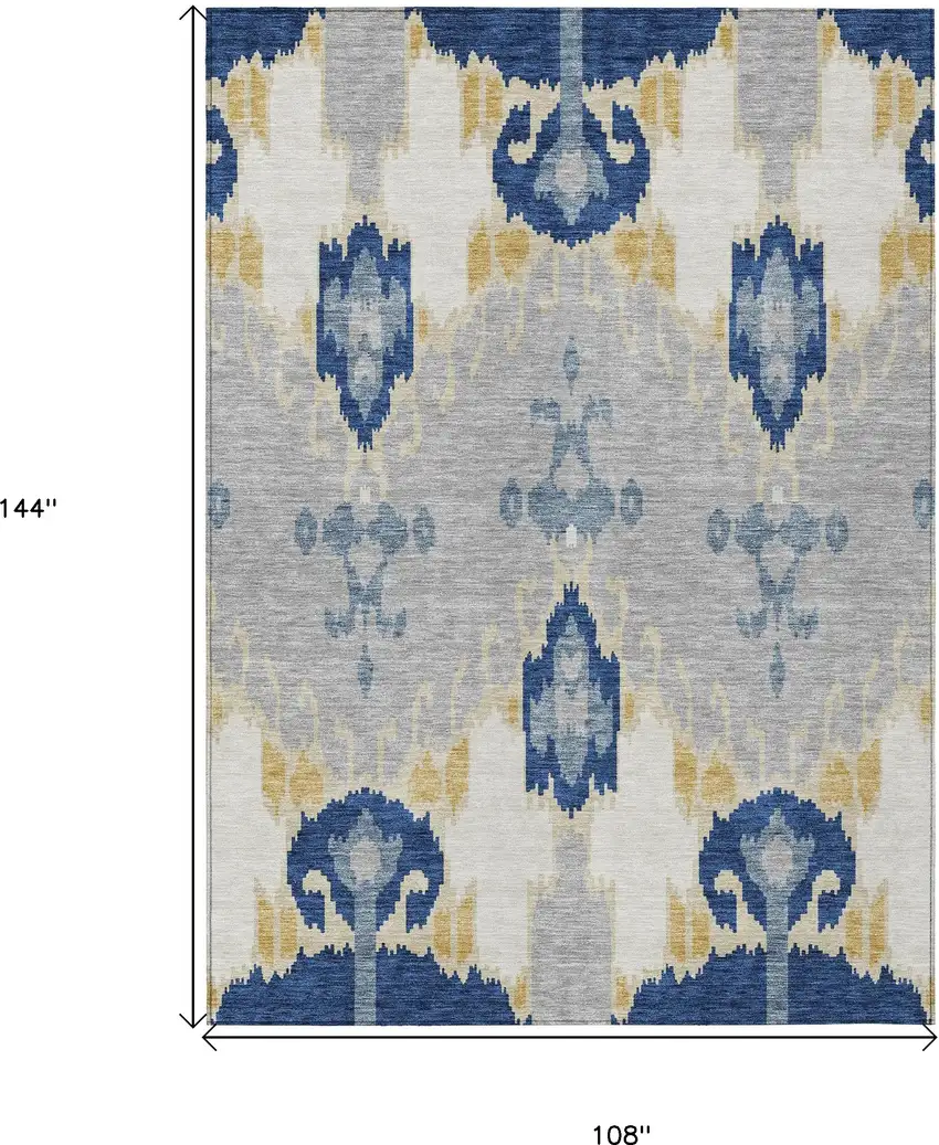 Navy Blue Ivory And Gray Ikat Washable Indoor Outdoor Area Rug Photo 3