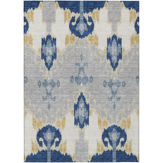Navy Blue Ivory And Gray Ikat Washable Indoor Outdoor Area Rug Photo 1