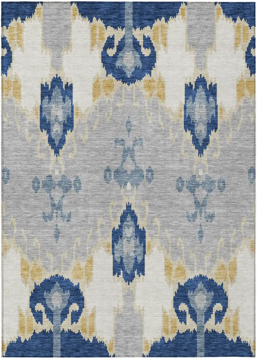 Navy Blue Ivory And Gray Ikat Washable Indoor Outdoor Area Rug Photo 1