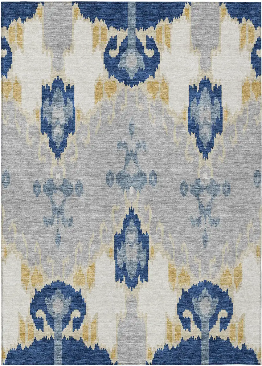 Navy Blue Ivory And Gray Ikat Washable Indoor Outdoor Area Rug Photo 1