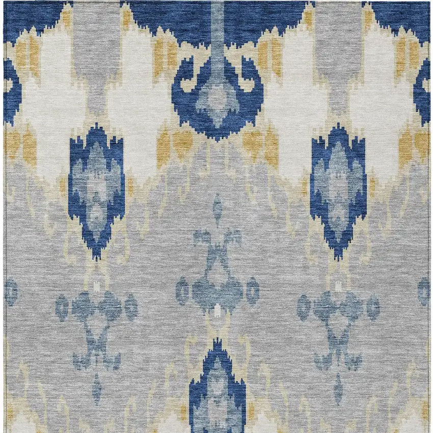 Navy Blue Ivory And Gray Ikat Washable Indoor Outdoor Area Rug Photo 6