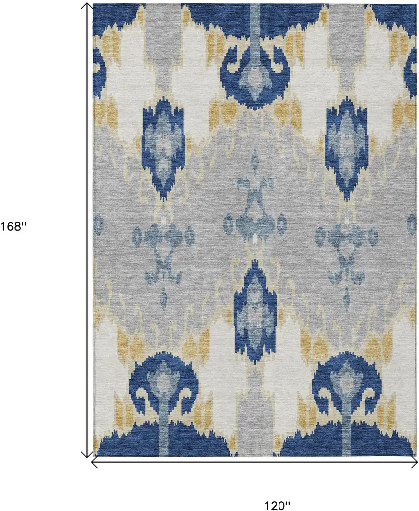 Navy Blue Ivory And Gray Ikat Washable Indoor Outdoor Area Rug Photo 3