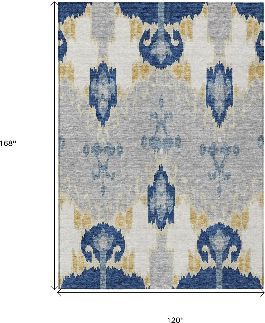 Navy Blue Ivory And Gray Ikat Washable Indoor Outdoor Area Rug Photo 3
