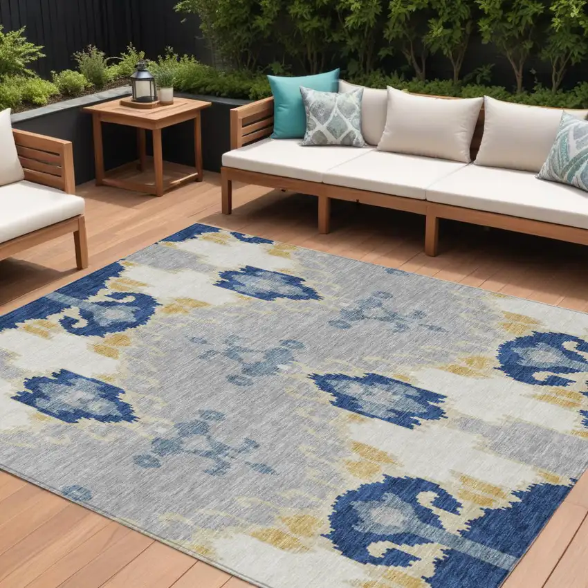 Navy Blue Ivory And Gray Ikat Washable Indoor Outdoor Area Rug Photo 1