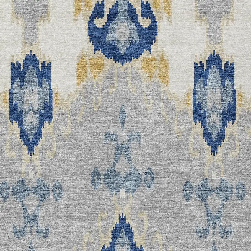Navy Blue Ivory And Gray Ikat Washable Indoor Outdoor Area Rug Photo 5