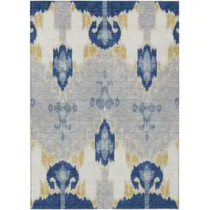 Photo of Navy Blue Ivory And Gray Ikat Washable Indoor Outdoor Area Rug