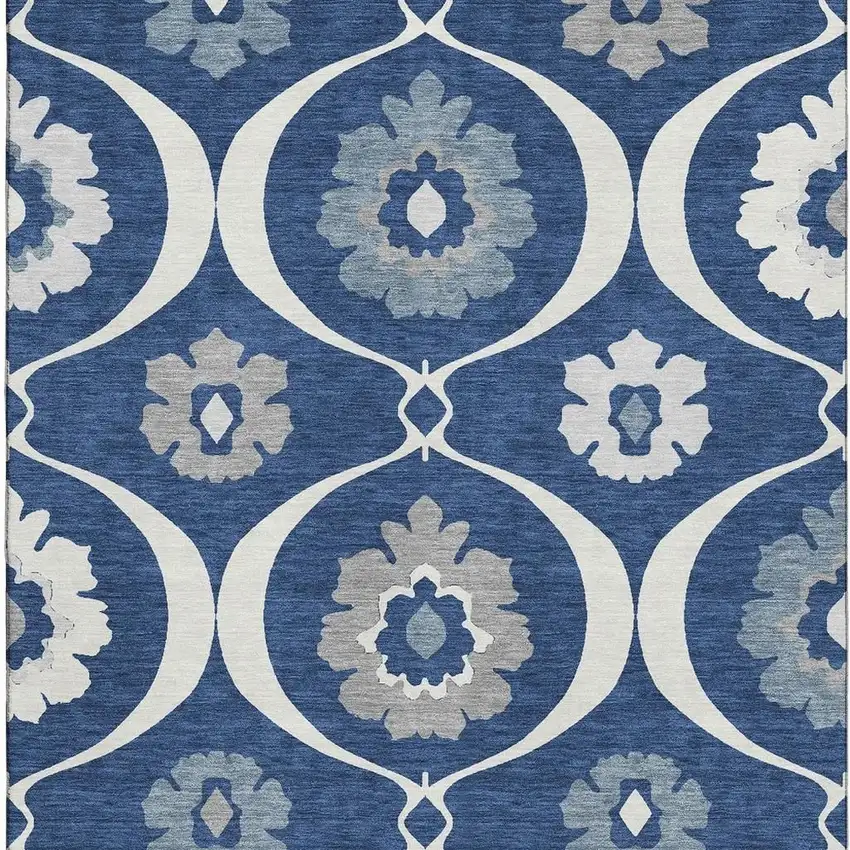 Navy Blue Ivory And Gray Medallion Washable Area Rug With UV Protection Photo 3