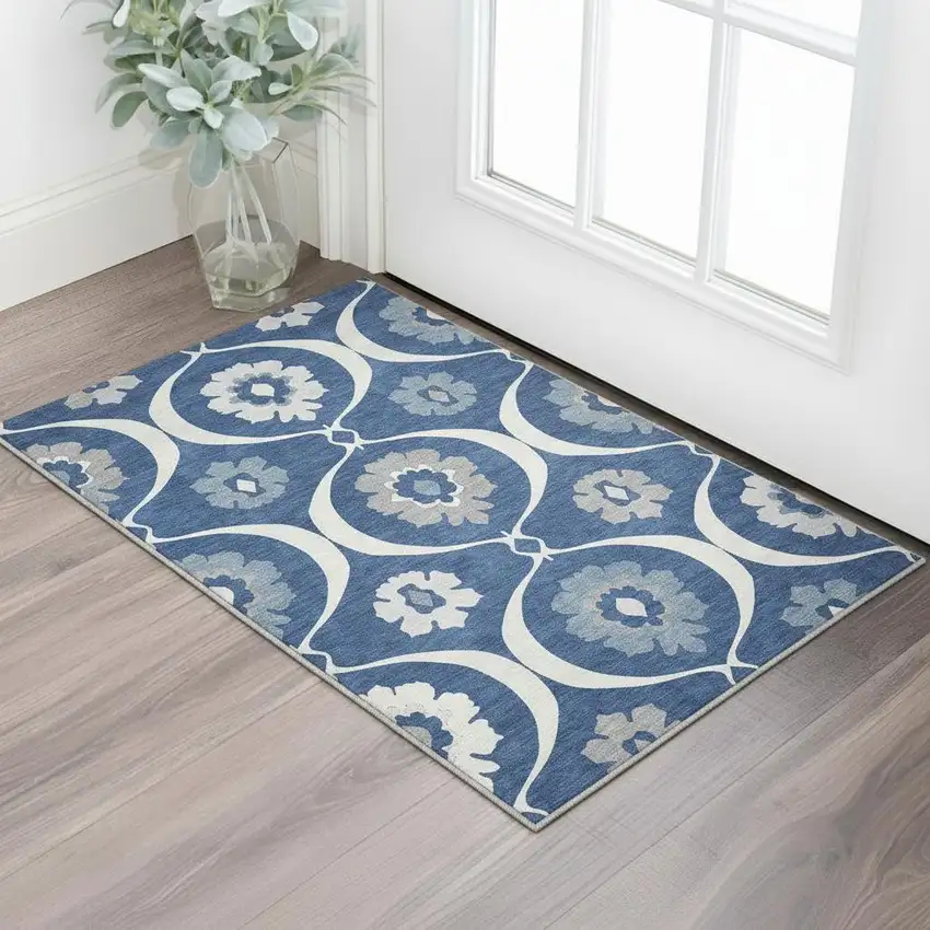 Navy Blue Ivory And Gray Medallion Washable Area Rug With UV Protection Photo 2