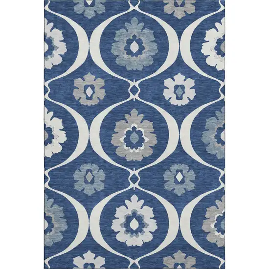 Navy Blue Ivory And Gray Medallion Washable Area Rug With UV Protection Photo 1