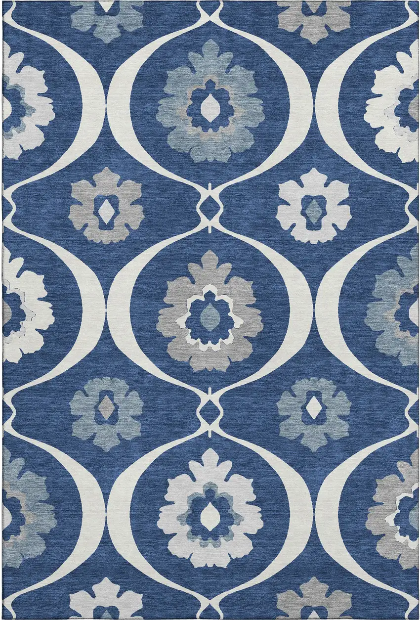 Navy Blue Ivory And Gray Medallion Washable Area Rug With UV Protection Photo 1