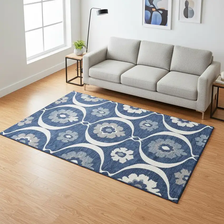Navy Blue Ivory And Gray Medallion Washable Area Rug With UV Protection Photo 2