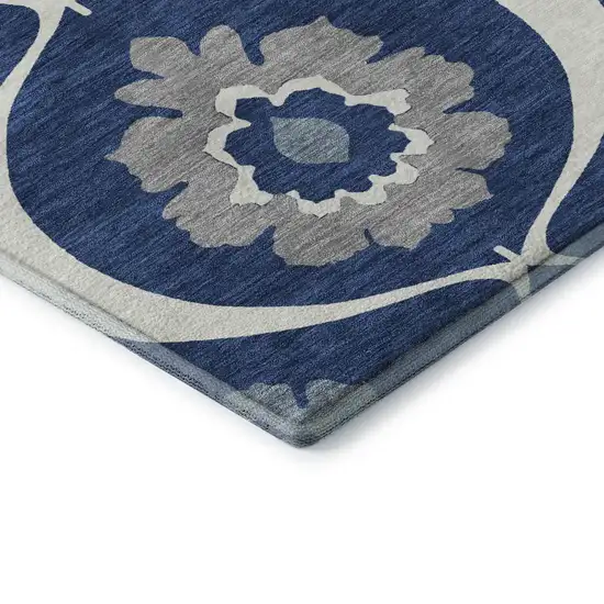Navy Blue Ivory And Gray Medallion Washable Area Rug With UV Protection Photo 8