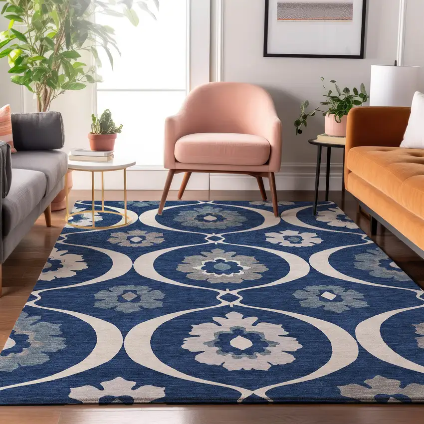 Navy Blue Ivory And Gray Medallion Washable Area Rug With UV Protection Photo 5