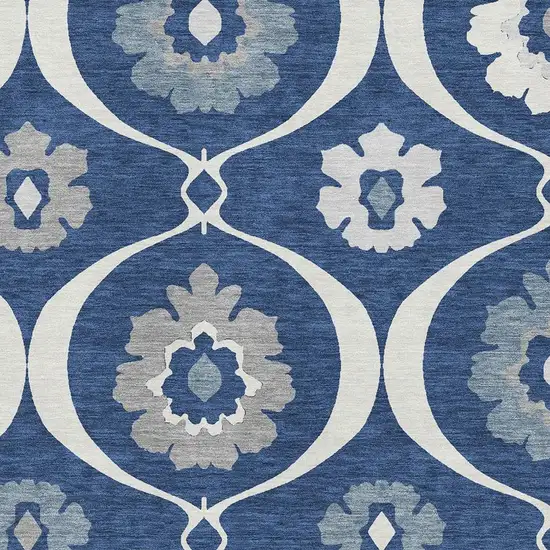 Navy Blue Ivory And Gray Medallion Washable Area Rug With UV Protection Photo 3