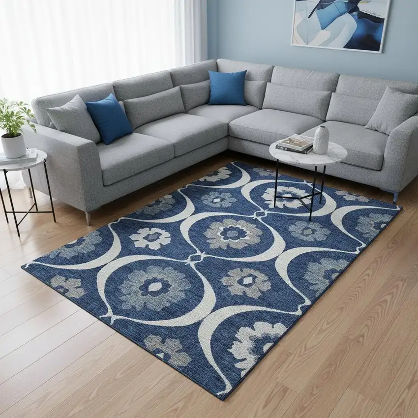 Navy Blue Ivory And Gray Medallion Washable Area Rug With UV Protection Photo 2