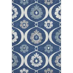 Photo of Navy Blue Ivory And Gray Medallion Washable Area Rug With UV Protection