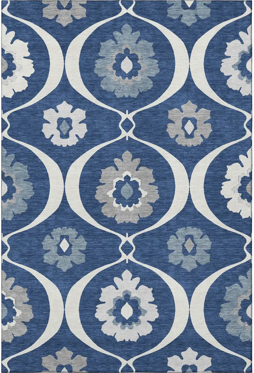 Navy Blue Ivory And Gray Medallion Washable Area Rug With UV Protection Photo 4