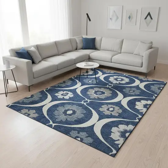 Navy Blue Ivory And Gray Medallion Washable Area Rug With UV Protection Photo 2