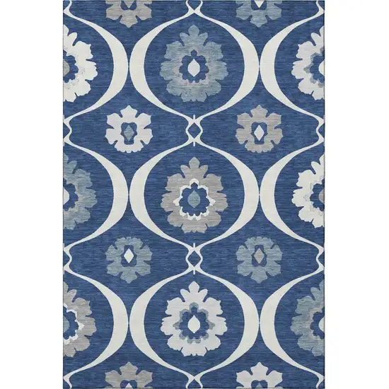 Navy Blue Ivory And Gray Medallion Washable Area Rug With UV Protection Photo 3