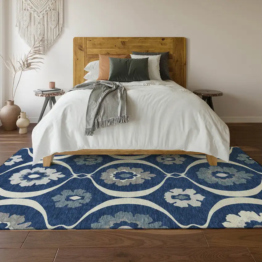 Navy Blue Ivory And Gray Medallion Washable Area Rug With UV Protection Photo 5