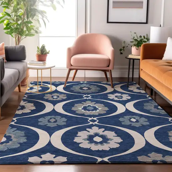 Navy Blue Ivory And Gray Medallion Washable Area Rug With UV Protection Photo 4