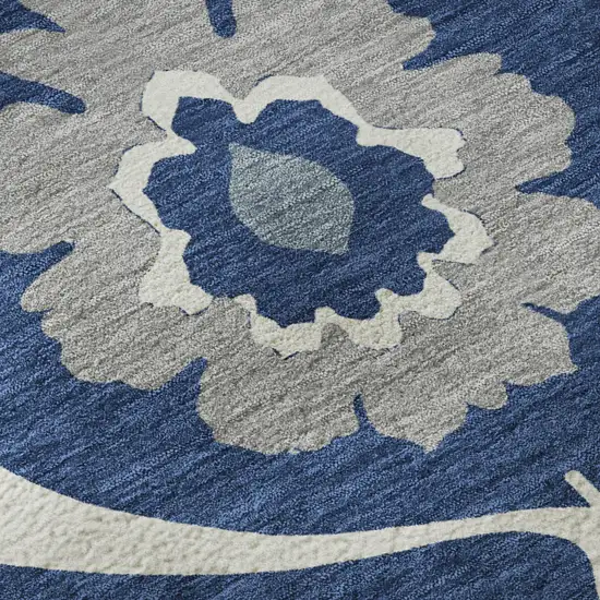 Navy Blue Ivory And Gray Medallion Washable Area Rug With UV Protection Photo 9