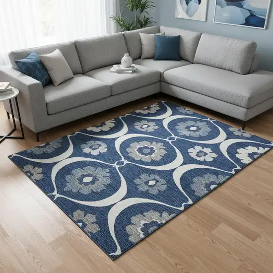 Navy Blue Ivory And Gray Medallion Washable Area Rug With UV Protection Photo 2