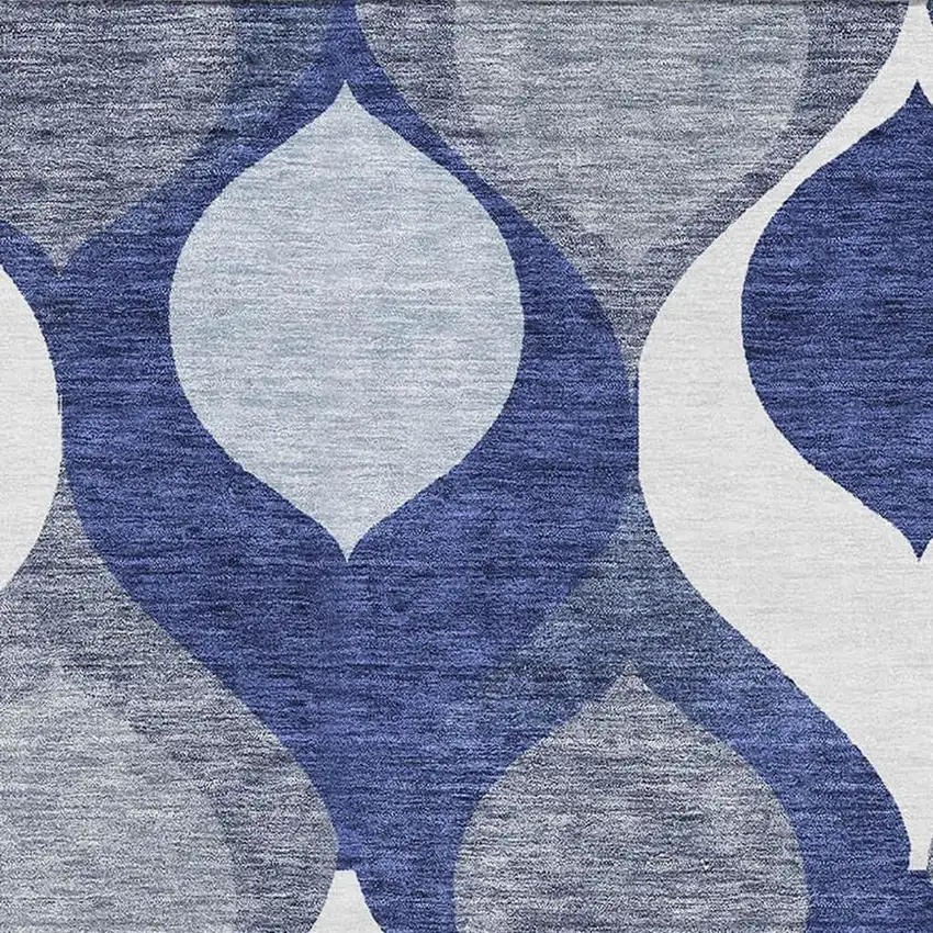 Navy Blue Ivory And Gray Ogee Washable Area Rug With UV Protection Photo 3