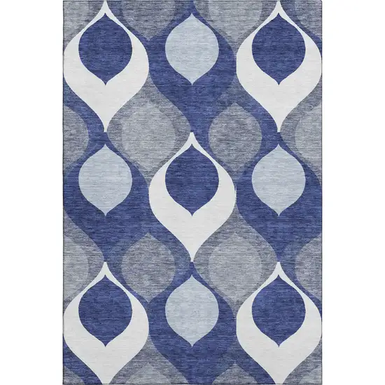 Navy Blue Ivory And Gray Ogee Washable Area Rug With UV Protection Photo 1
