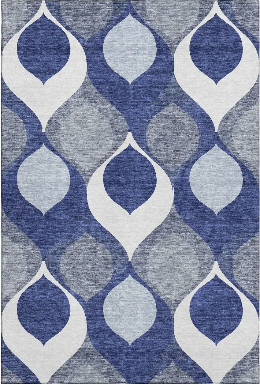 Navy Blue Ivory And Gray Ogee Washable Area Rug With UV Protection Photo 1
