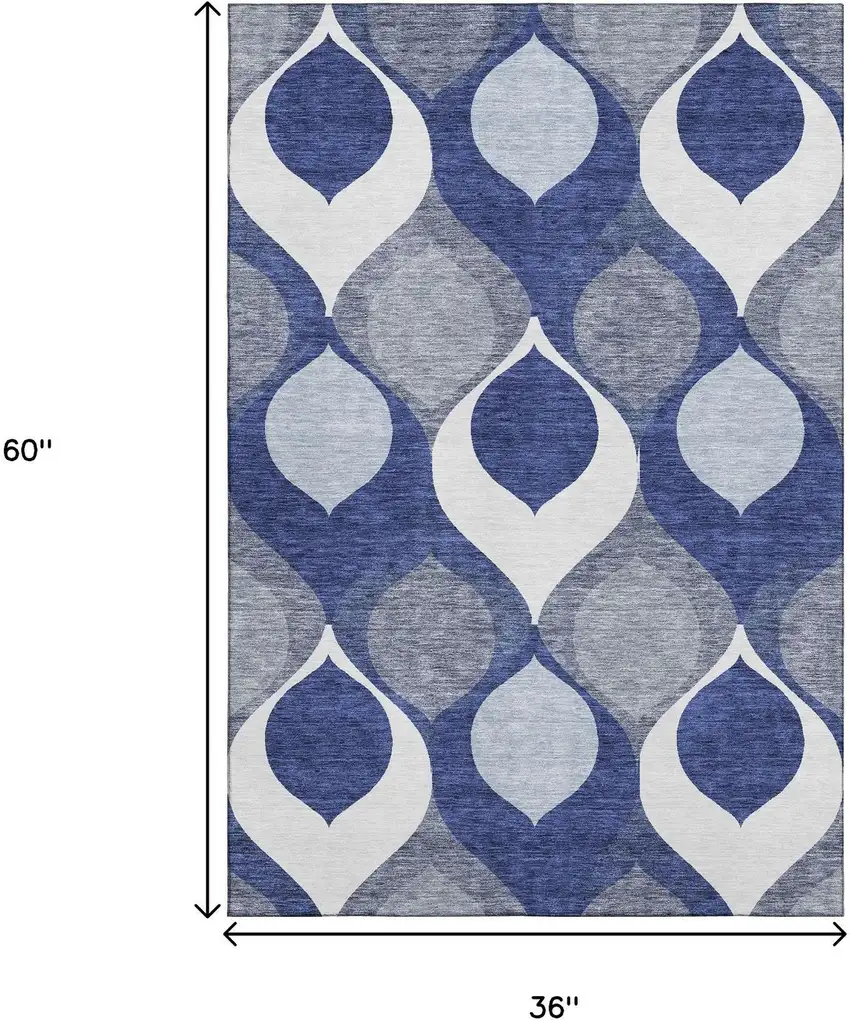 Navy Blue Ivory And Gray Ogee Washable Area Rug With UV Protection Photo 3