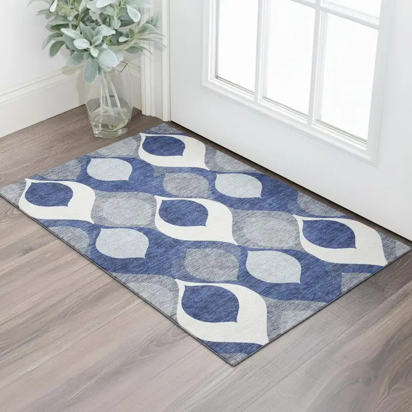 Navy Blue Ivory And Gray Ogee Washable Area Rug With UV Protection Photo 1