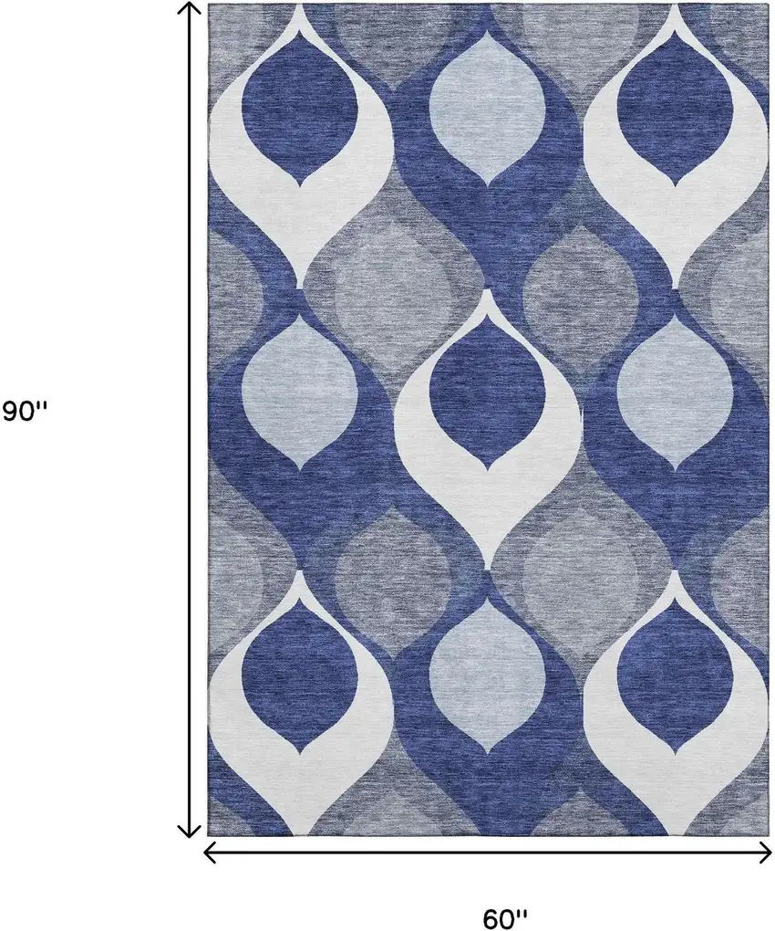 Navy Blue Ivory And Gray Ogee Washable Area Rug With UV Protection Photo 3