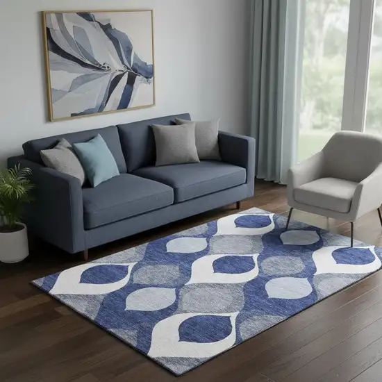 Navy Blue Ivory And Gray Ogee Washable Area Rug With UV Protection Photo 1